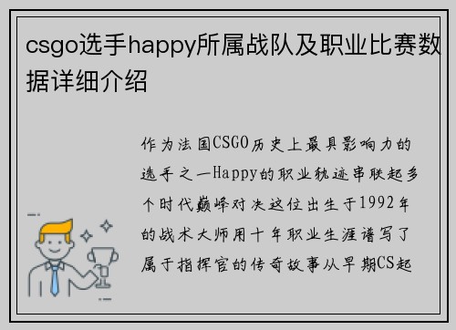 csgo选手happy所属战队及职业比赛数据详细介绍
