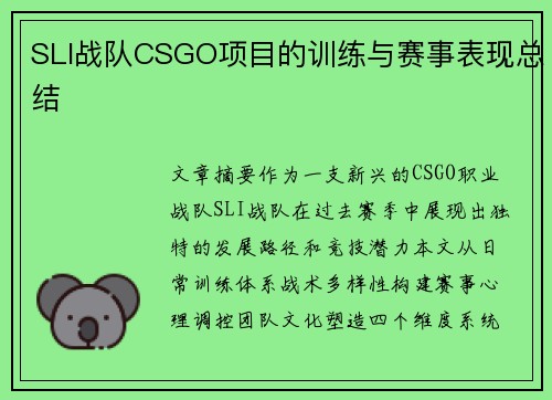 SLI战队CSGO项目的训练与赛事表现总结
